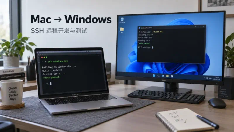 Mac 通过 SSH 连接 Windows,远程执行构建与测试的场景示意